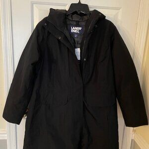 Ladies Lands' End Black Coat, hood, zipper, pockets, size XL / P / 18 NWT